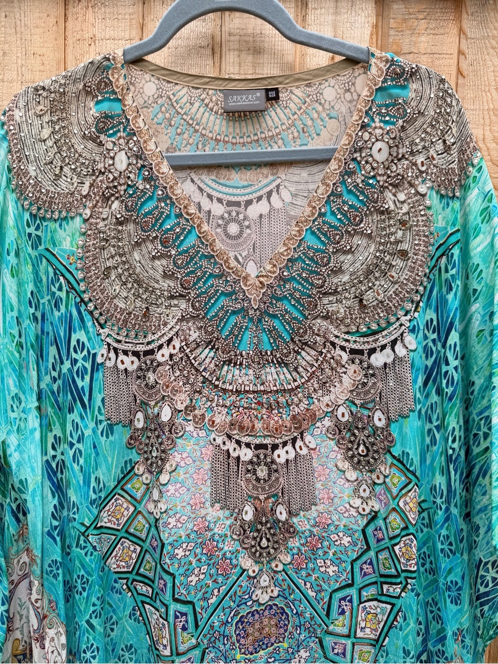 Sakkas Turquoise & Teal Embellished Boho Maxi Kaftan - Picture 3 of 8